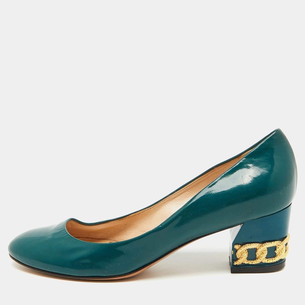 Casadei Teal Green Patent Leather Chain Block Heel Round Toe Pumps Size 38