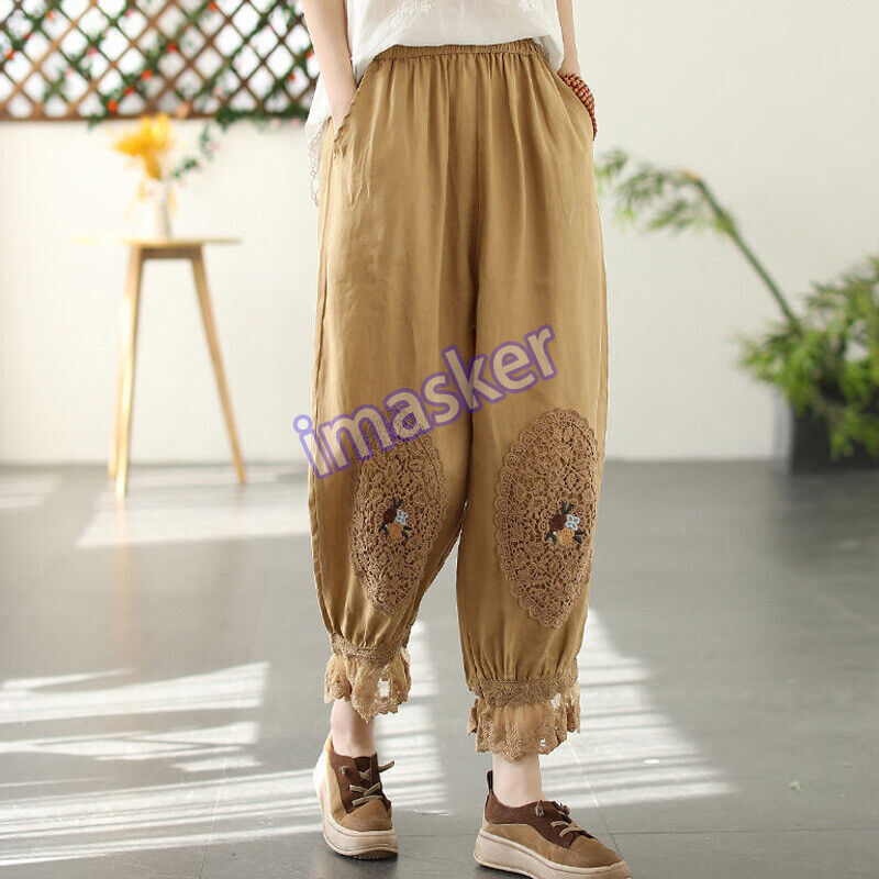 Retro Women's Cropped Harem Pants with Lace Stitching and Floral Patch Design