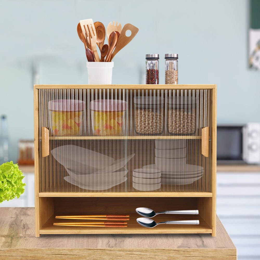 Small Bamboo Pantry Cabinet Freestanding Countertop Storage Sideboard