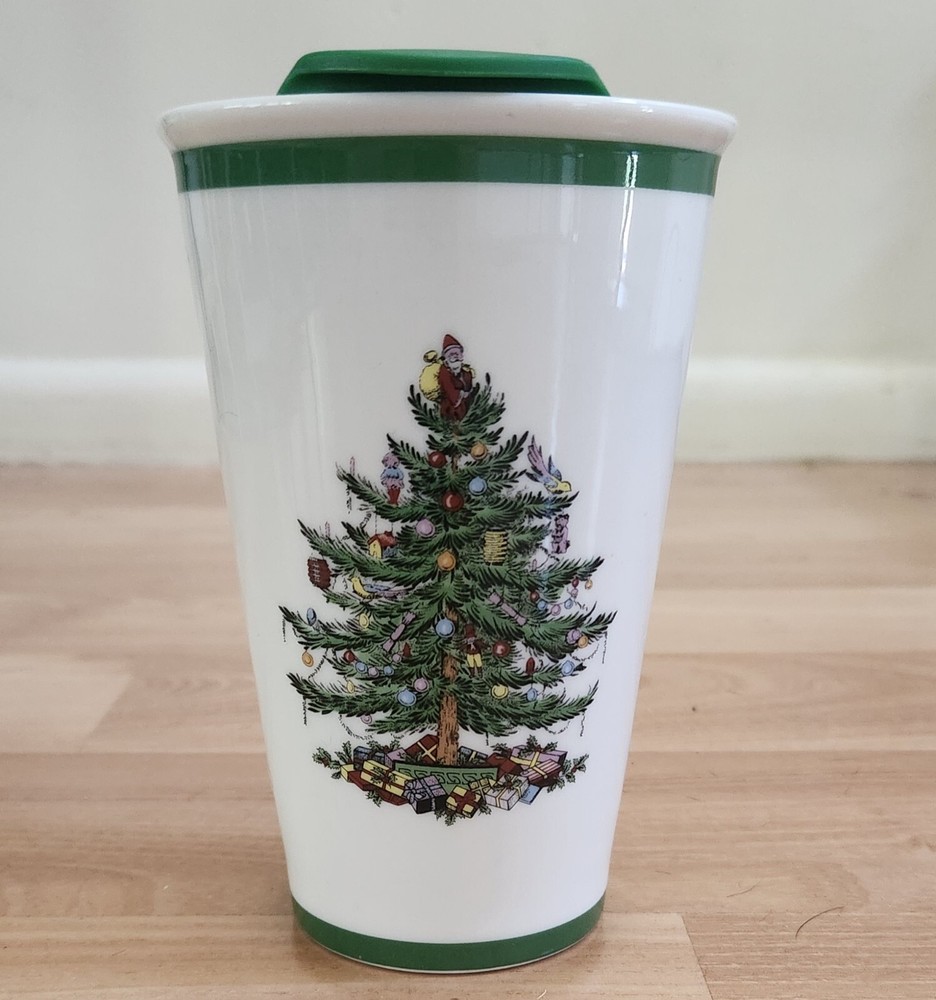 Spode Christmas Tree Ceramic 10oz Travel Tumbler w Lid New no box no chip/scratc