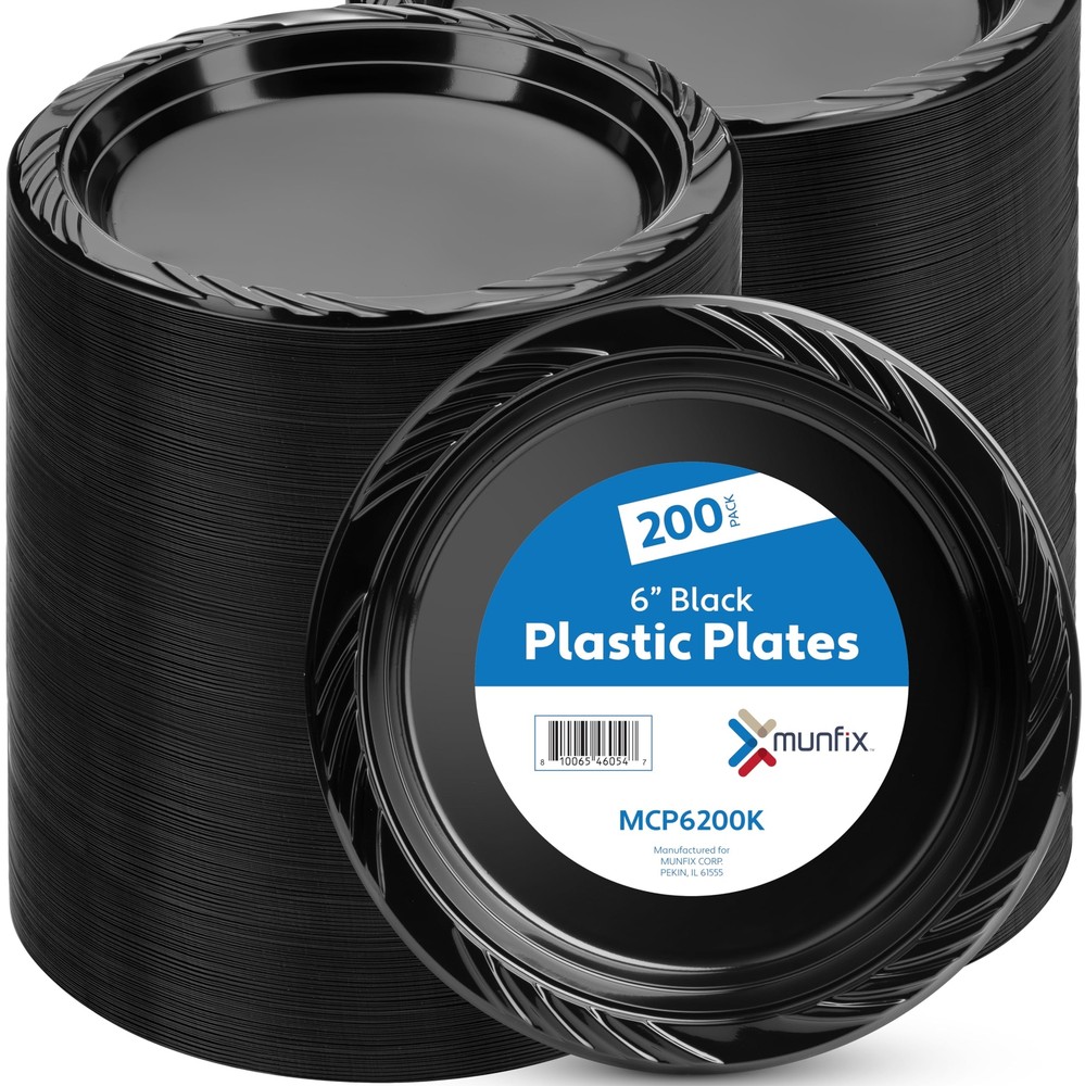 200 Black Plastic Plates Set - 6 Inch Plastic Dessert Plates, Disposable Plat...