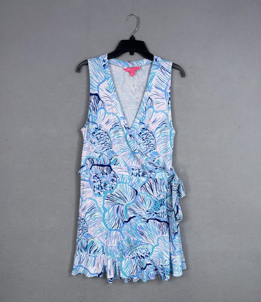 Lilly Pulitzer Romper Womens XL Blue Floral Rilla Wrap Ruffle Hem Tropical Beach