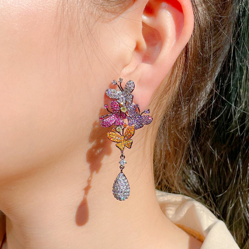 Women Elegant Black Gold Plated Multicolor Zirconia Long Butterfly Drop Earrings