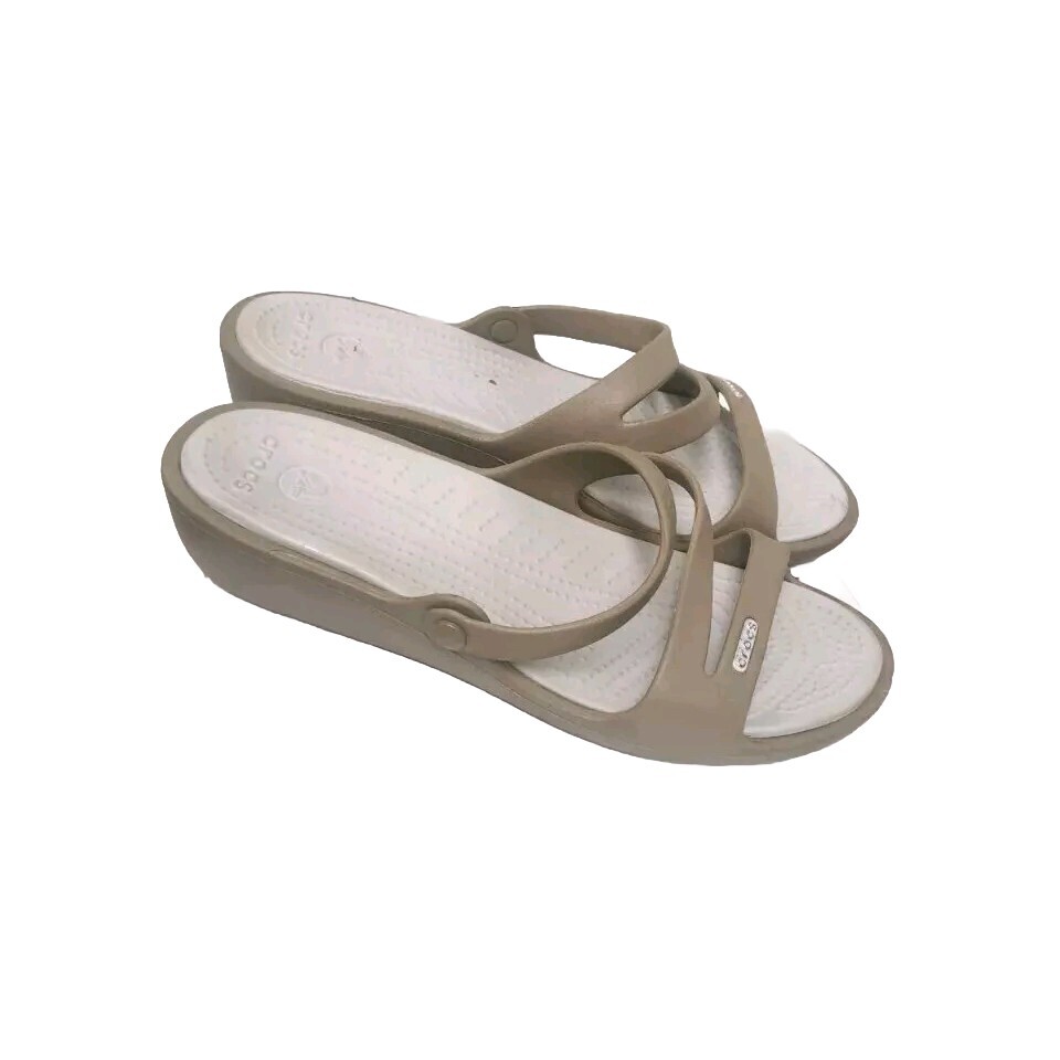 Crocs Patricia Wedge Rubber Slip On Strappy Open Toe Sandals Taupe Beige Sz. 9