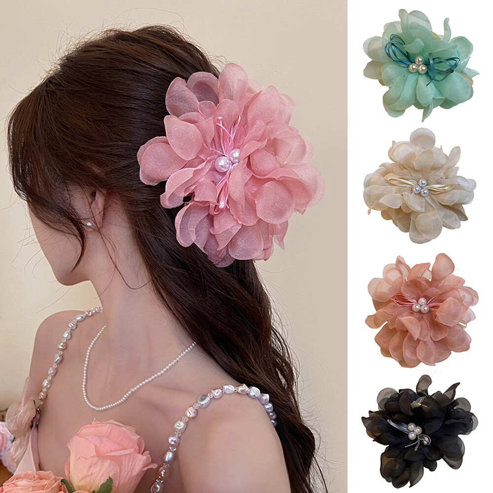 Chiffon Flower Pearl Hair Claw Clip Headwear Sweet Elegant Hair Accessories