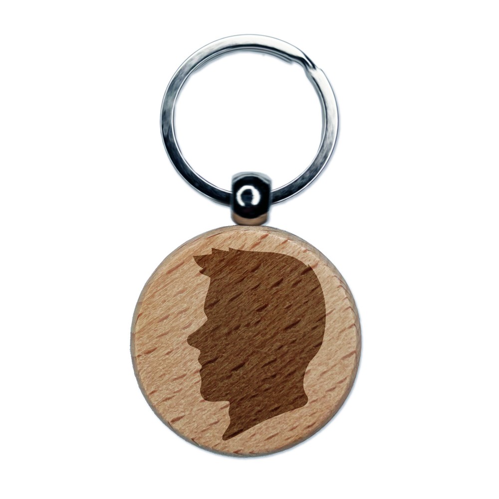 Man Head Silhouette Engraved Wood Round Keychain Tag Charm