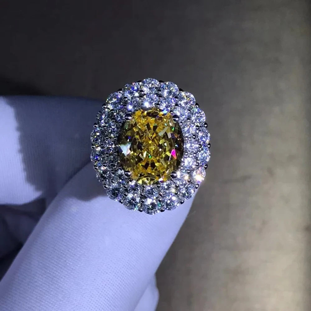 5 Carat Oval Cut Moissanite Ring Silver Vivid Yellow VVS Double Halo