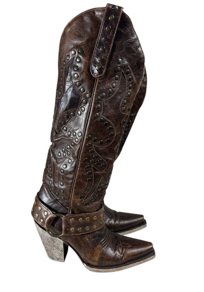 Brown Leather Cowgirl Boots for Women - Size 5 Studded Rockers