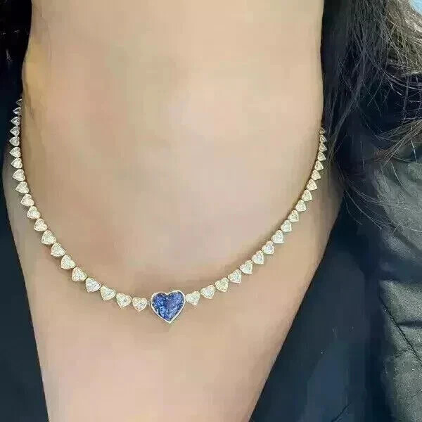 Heart Cut Simulated Tanzanite Engagement Tennis Necklace in 14K White Gold Finish