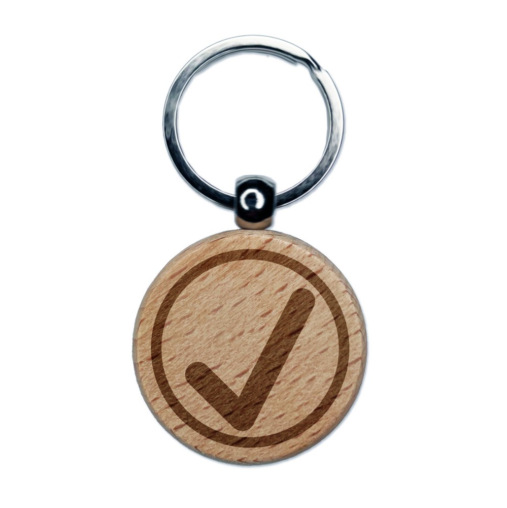 Completed Engraved Wooden Keychain with Check Mark Circle Charm