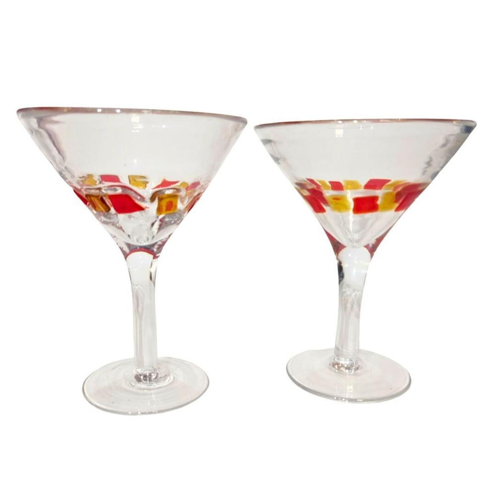 Blown Martini Glass Set of 2 with 6.5 Wide Rim in Clear Red Yellow Stemware