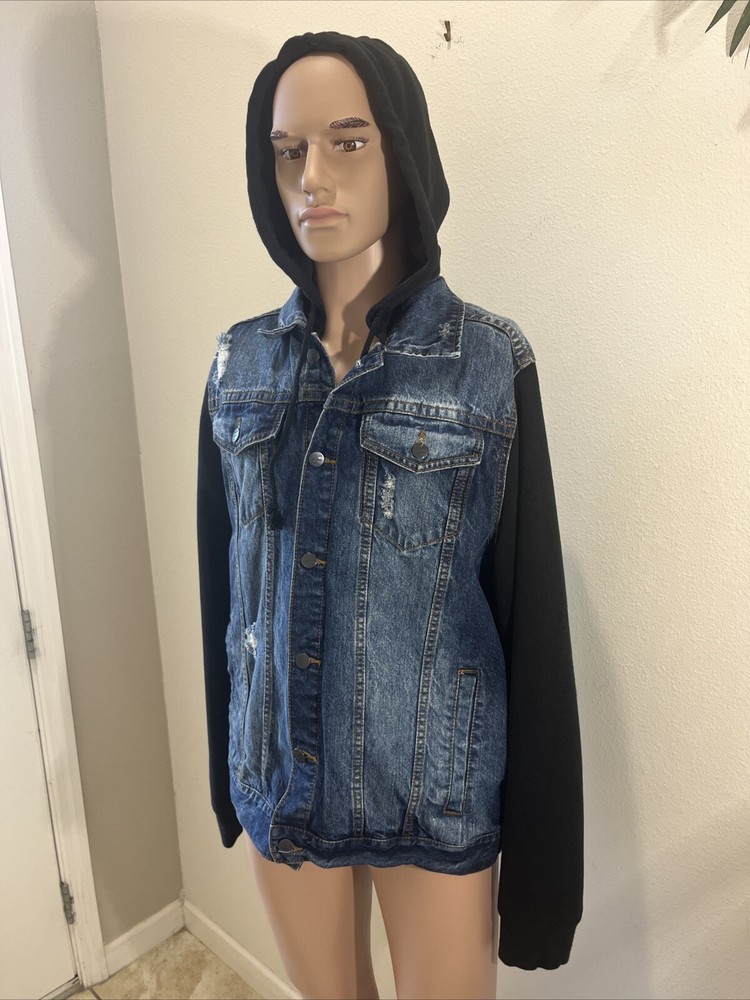 Brooklyn NYC Denim Jean Jacket for Men Small Distressed Blue Hoodie with Buttons