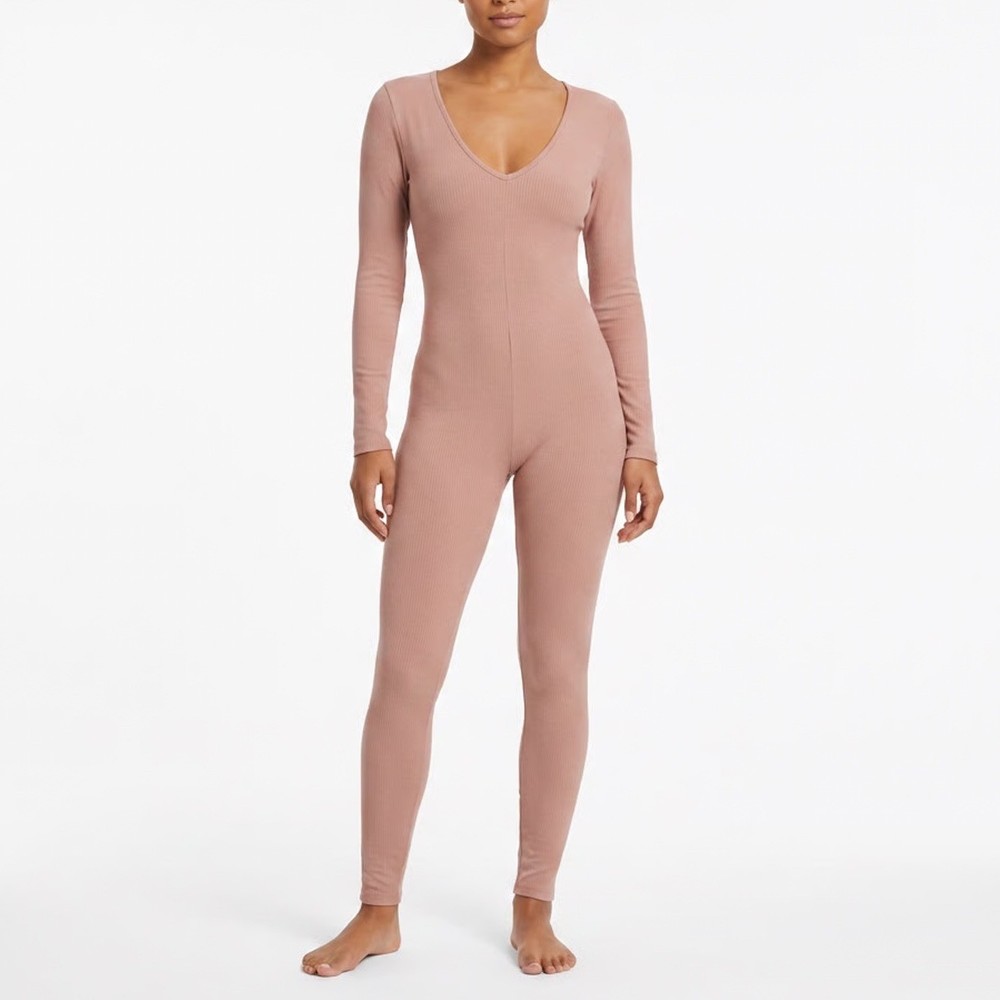 Naked Wardrobe Long Sleeve V-Neck Jumpsuit Tan Mauve Size M