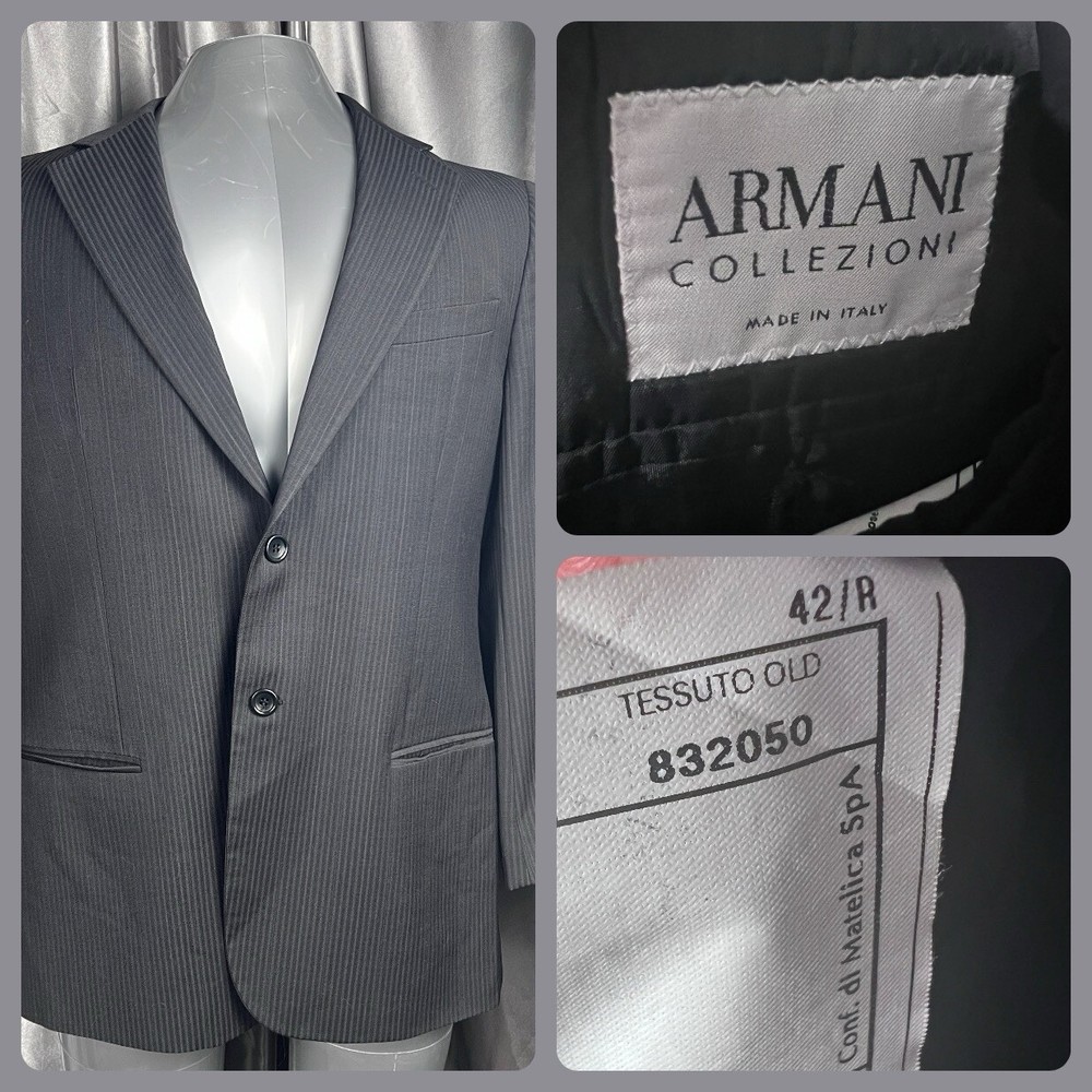Armani Collezioni Mens 42R Charcoal Striped Wool Blazer Made in Italy