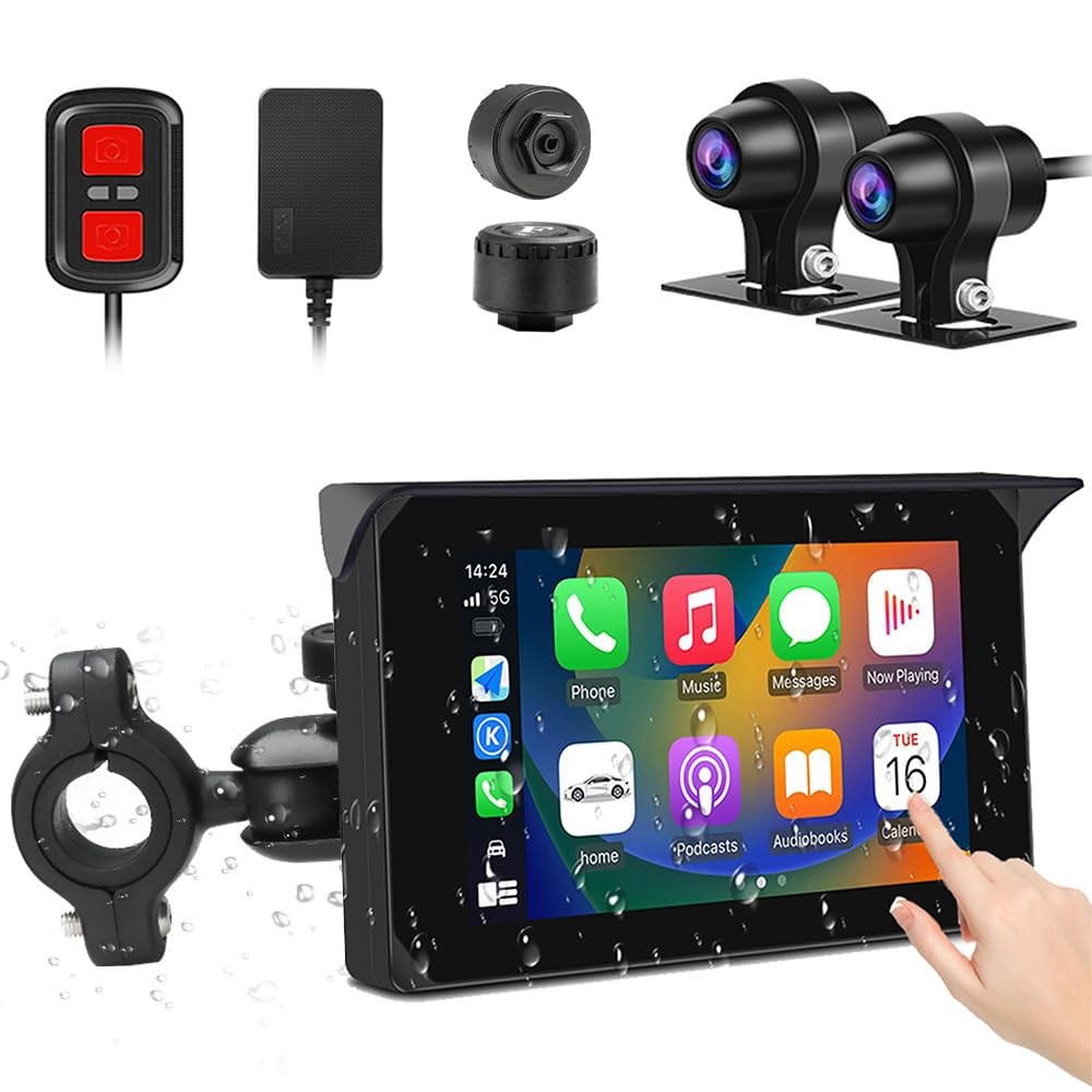 Wireless Carplay and Android Auto Motorcycle Dash Camera with 5
