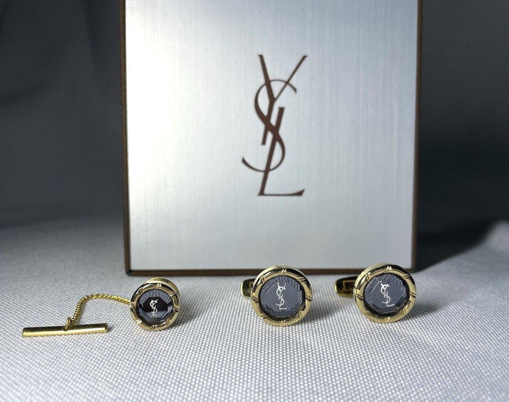 YSL Yves Saint Laurent gold black cufflinks Titanic pin brooch logo