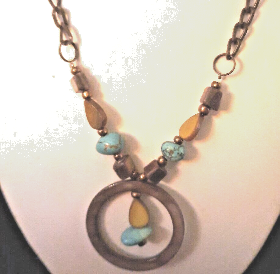 Faux Turquoise Stone with Abalone MOP pieces and Circle Boho Pendant Necklace