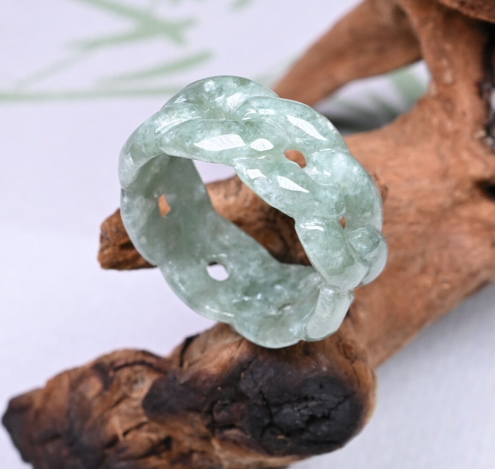 Certified A-Grade Burma Jadeite Bean Green Hollow Flower Ring Sizes 5-11