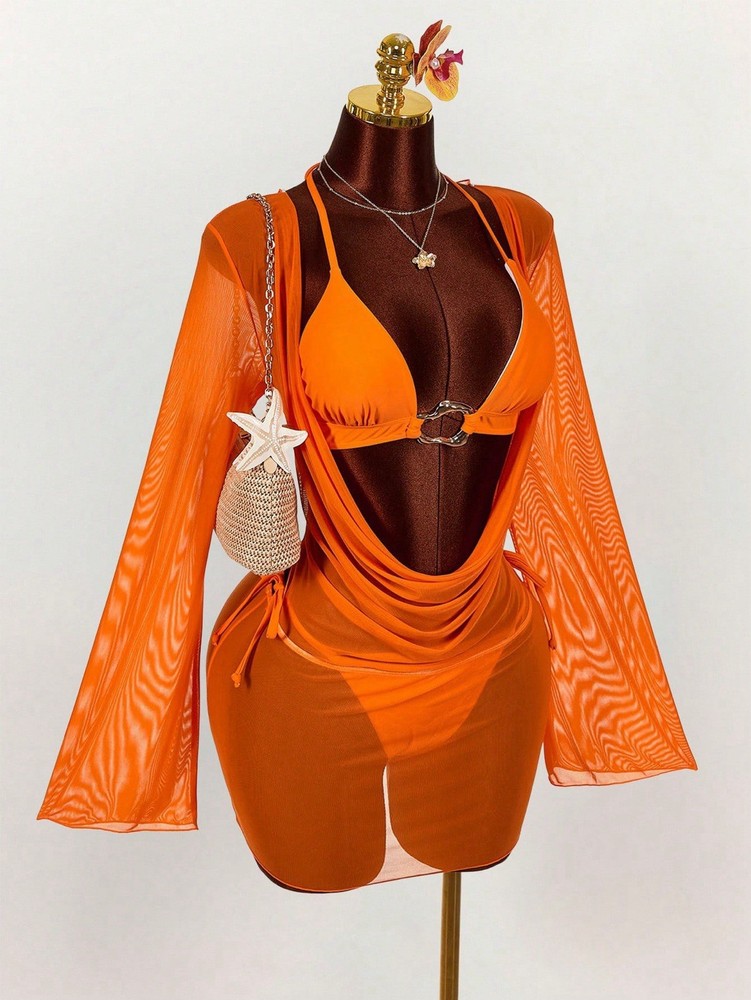 AMPL0VA Orange Sheer 3 Piece Bikini Set M Ring Accent Halter Triangle Top