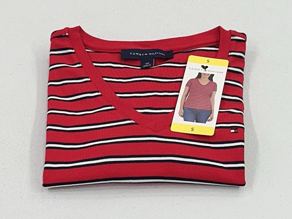 Tommy Hilfiger Women's V-Neck Short Sleeve Shirt, Red, Size S