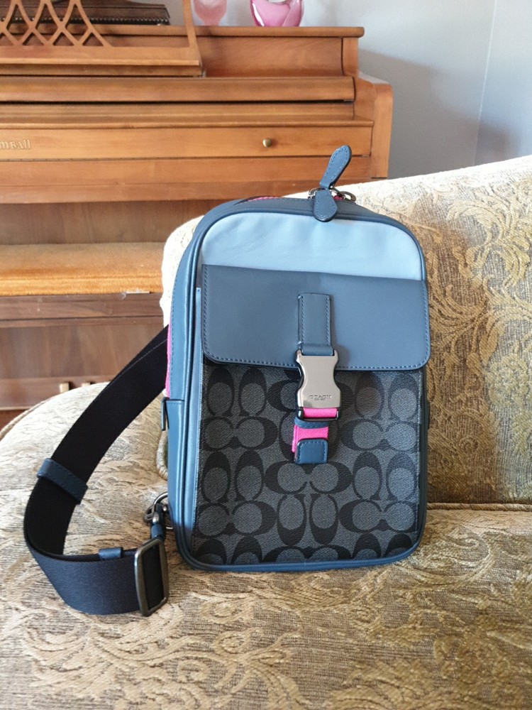 COACH Signature Leather Colorblock Crossbody Bag in Hot Pink & Light Blue with Logo C Design