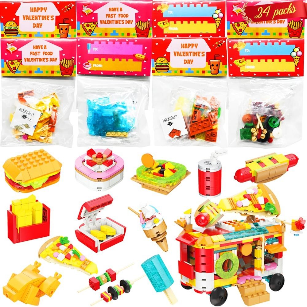 24 Packs Valentines Day Cards with Fast Food Building Blocks, Valentines Food...