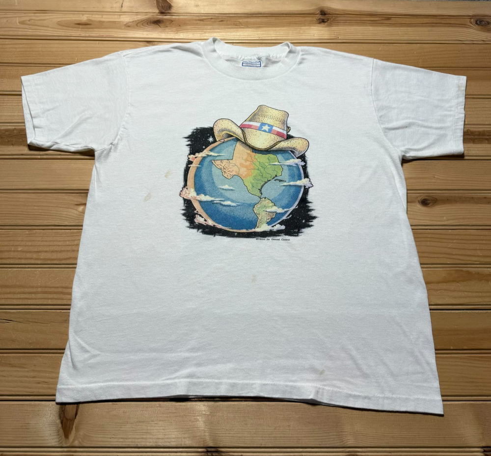 Vintage 80s 90s Texas Map Cowboy Hat Globe Single Stitch Art Shirt - Size XL