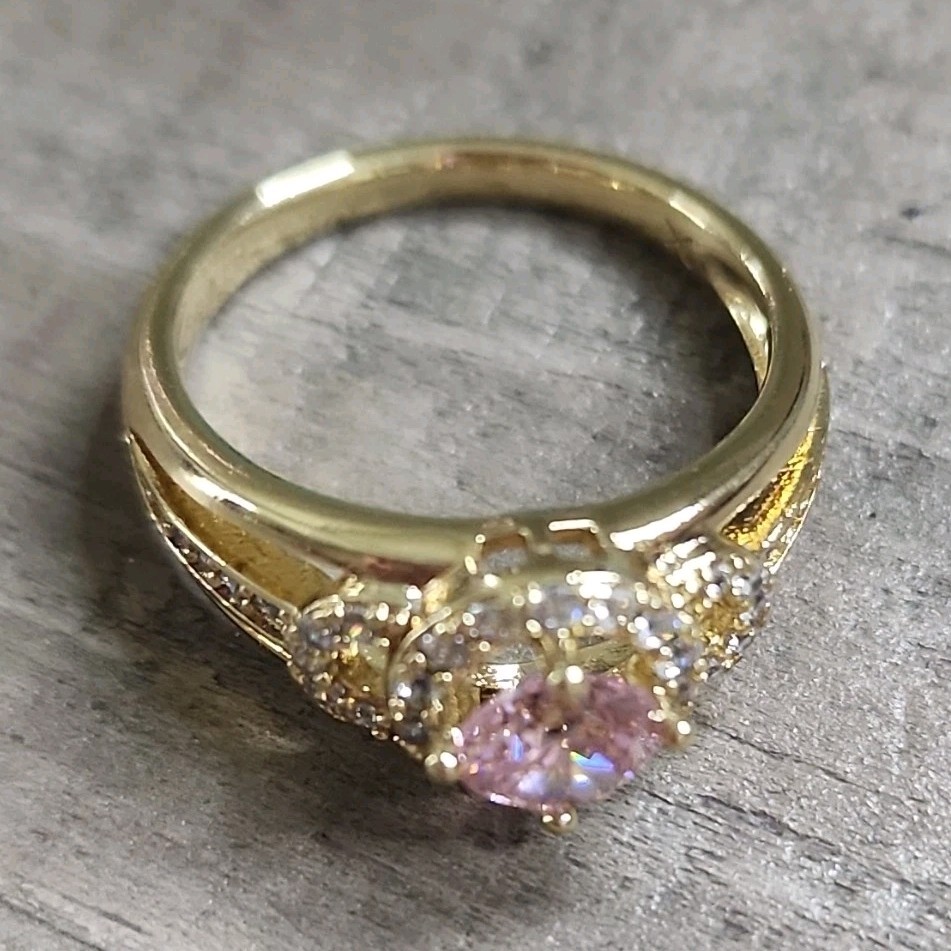 Gold Plated Pink Round Halo Cocktail Ring Size 8