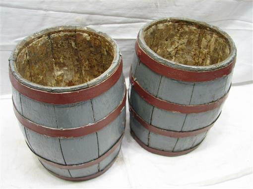 Pr Early Cooper Made Wooden Mini Banded Barrel Keg Paint Water Bucket Decor