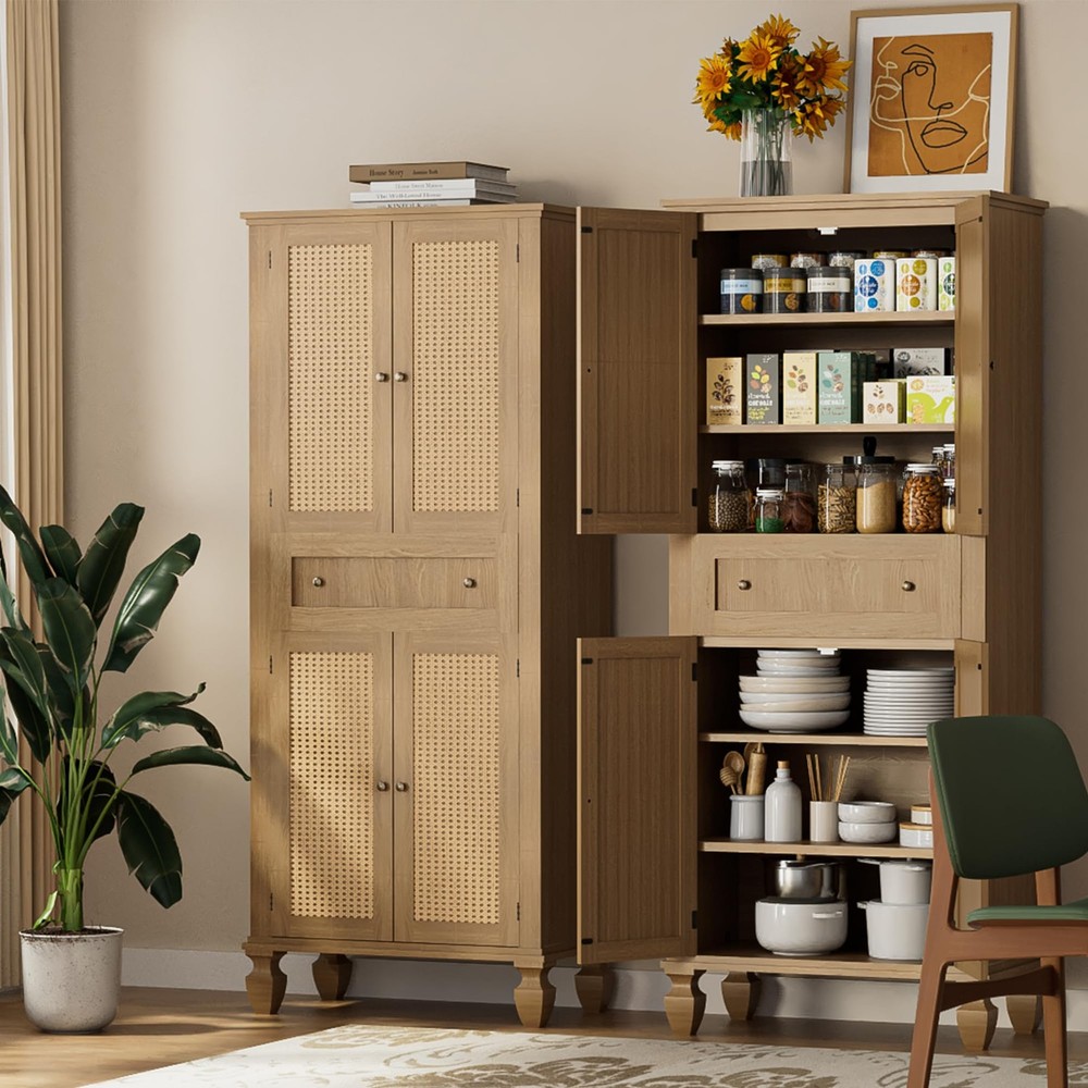 72 Inch Farmhouse Pantry Cabinet with 2 Rattan Doors and Drawer for Kitchen Storage
