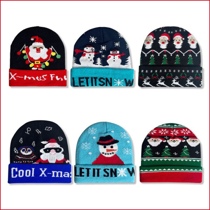 Festive Christmas Knit Beanie Winter Skull Cap with Snowman Santa Design