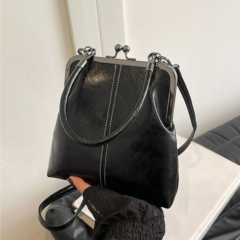 Vintage Black Kiss Lock Frame Bag Shoulder Crossbody Handbag Purse Retro Clutch