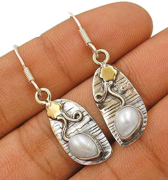 Two Tone Freshwater Pearl 925 Sterling Silver Earrings B18-9