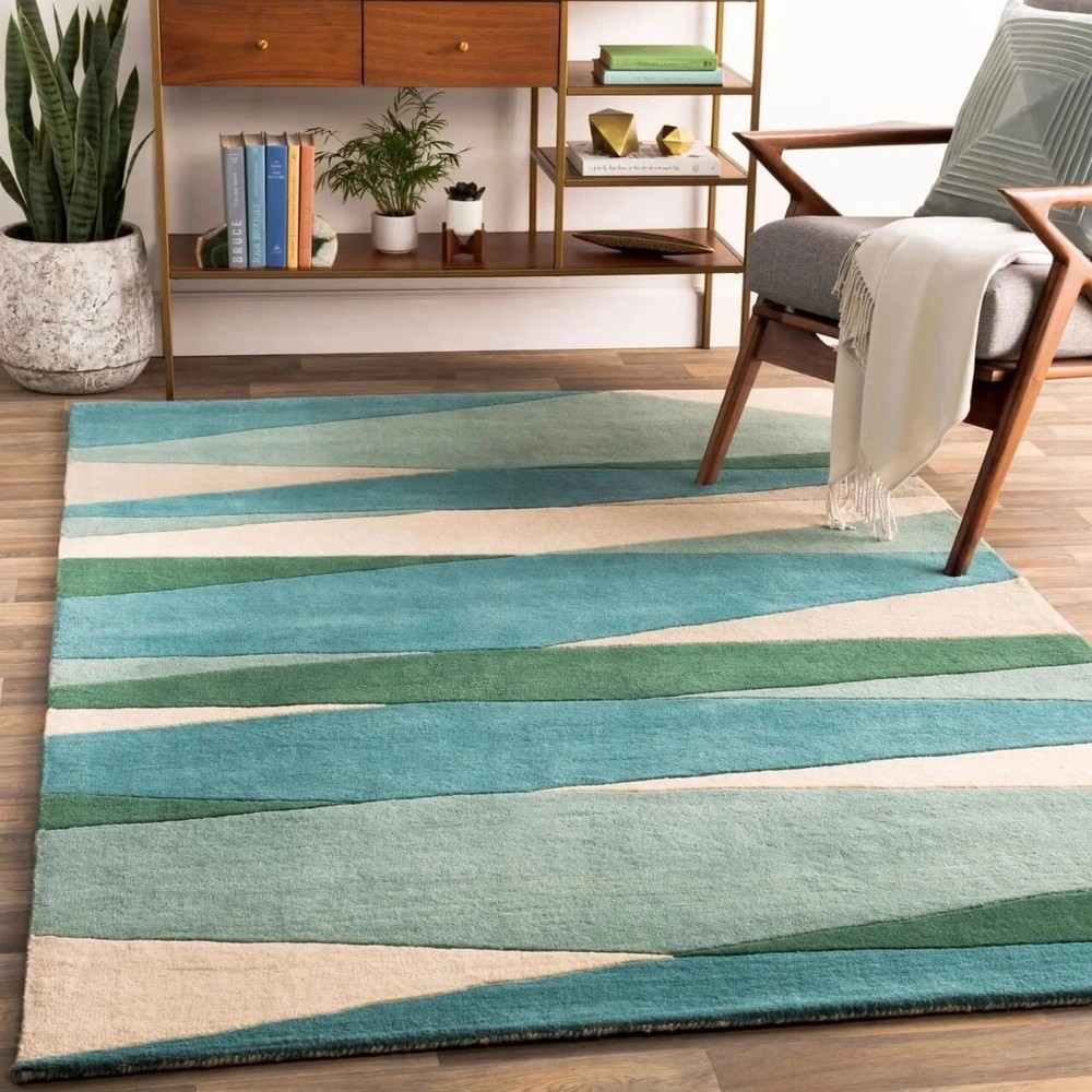 Hand Tufted Sage and Green Wool Rug Geometric Abstract Design Handmade Rug