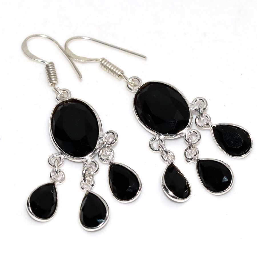 925 Silver Plated Black Onyx Faceted Ethnic Earrings Jewelry Size 2