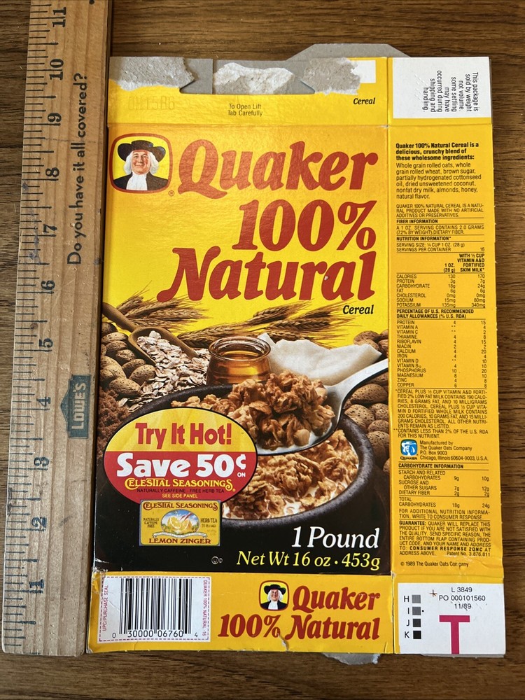 Vintage 1989 Quaker Oats & Honey Cereal Box with Celestial Seasonings Coupon-image