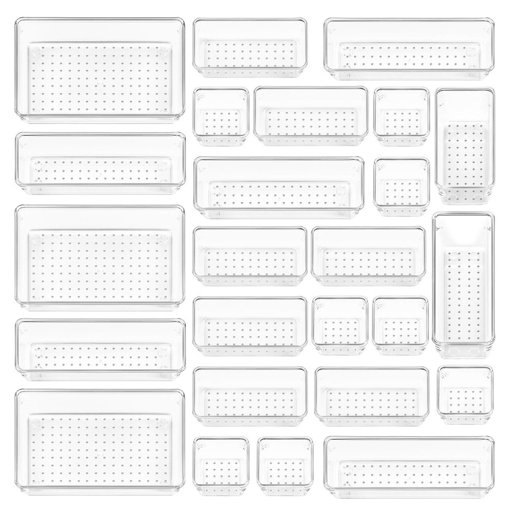 25-Piece Clear Plastic Drawer Organizer Set - 4 Sizes for Bathroom Vanity & Storage