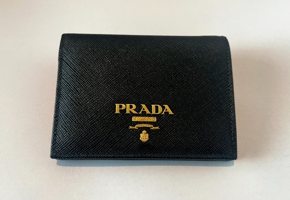 PRADA Small Saffiano Leather Wallet in Black Hibiscus Excellent Condition