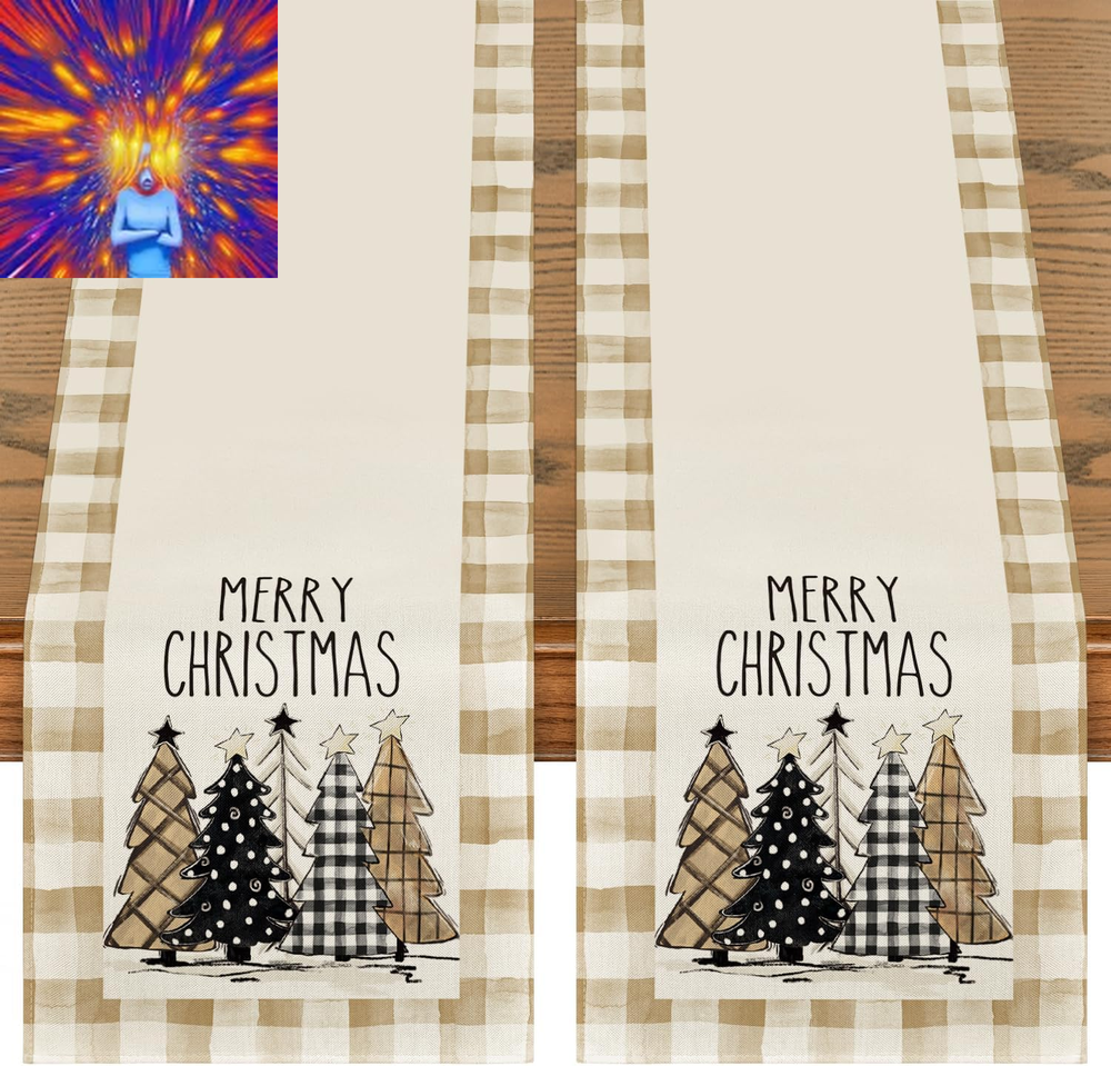 Brown Buffalo Plaid Xmas Trees 2PCS Merry Christmas Table Runner, Seasonal Winte