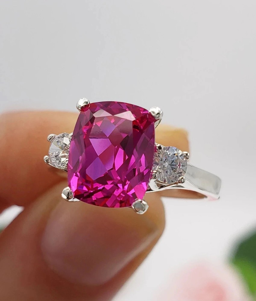 4.25 Ct Cushion Cut Pink Sapphire Diamond Engagement Ring 14K Solid White Gold