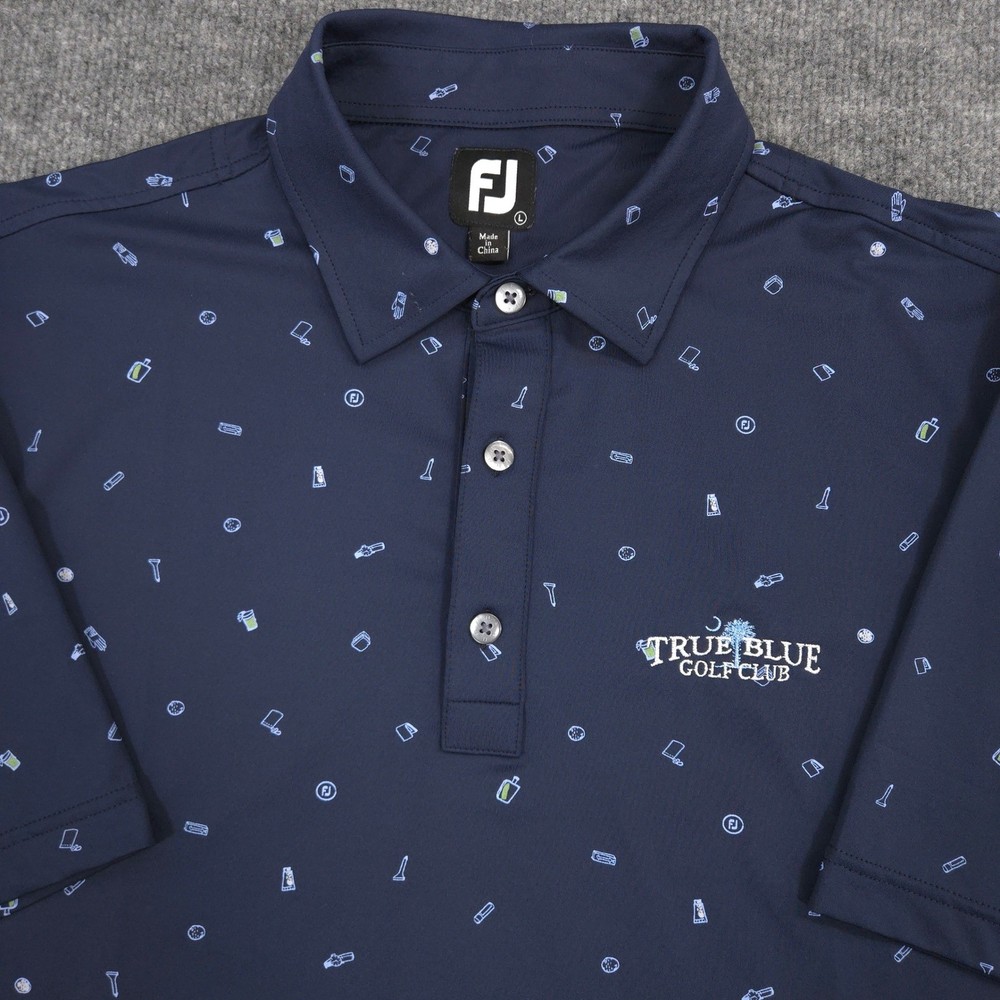 FootJoy Polo Shirt Mens L Navy Golfbag Doodle Cocktails AOP True Blue Golf Club