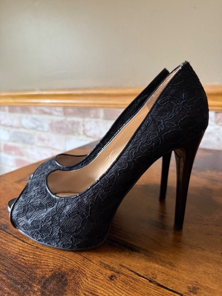 Guess Womens Black Lace Peep-Toe Stiletto Heels