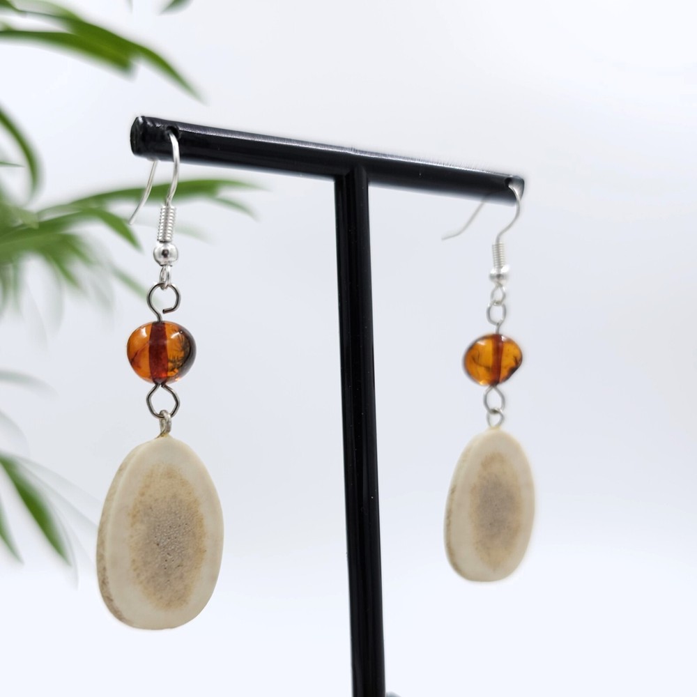 Earrings with amber, Handmade earrings, Antler earrings