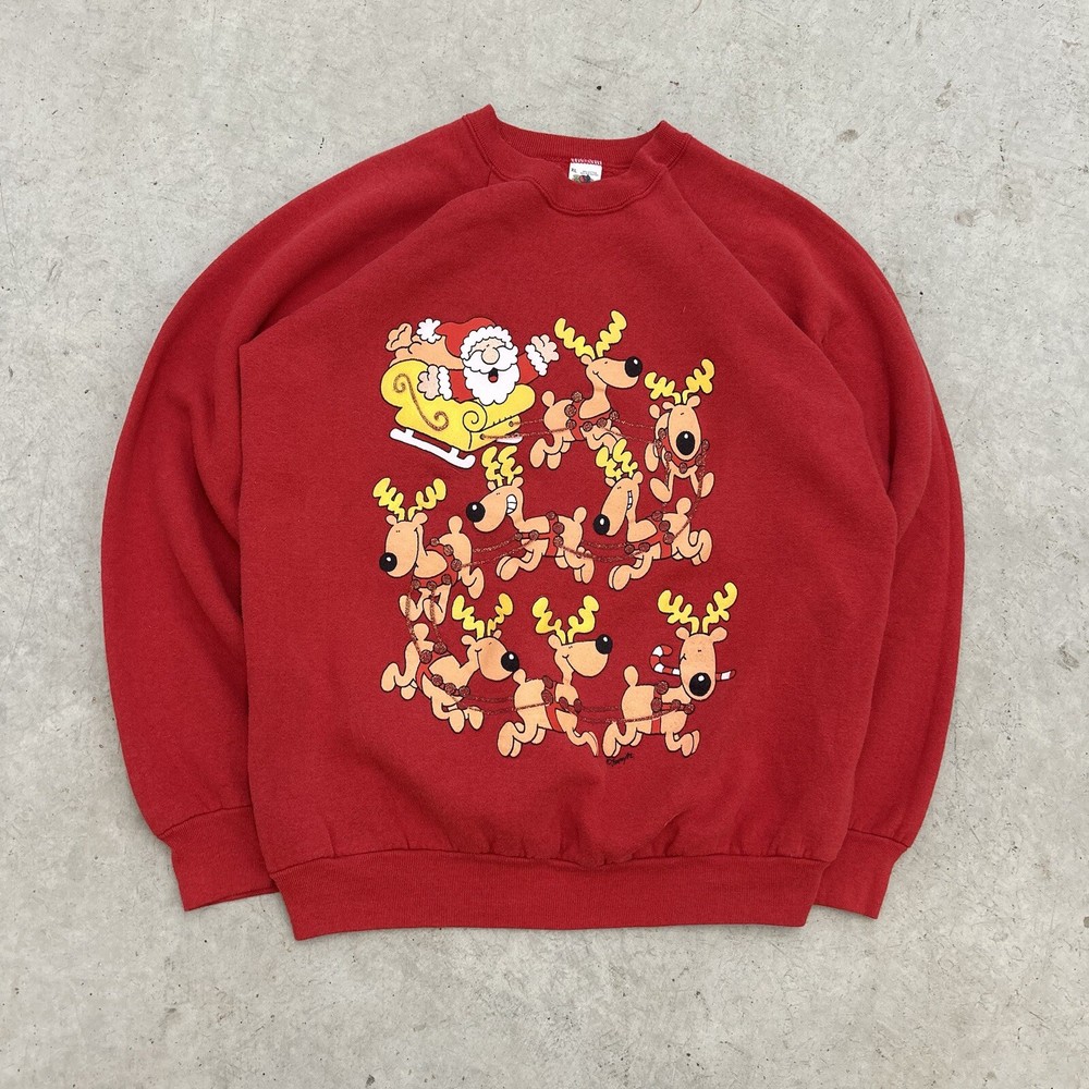 VTG 90s Fruit Of The Loom Santa Reindeer Christmas Pullover Sweatshirt Men’s XL