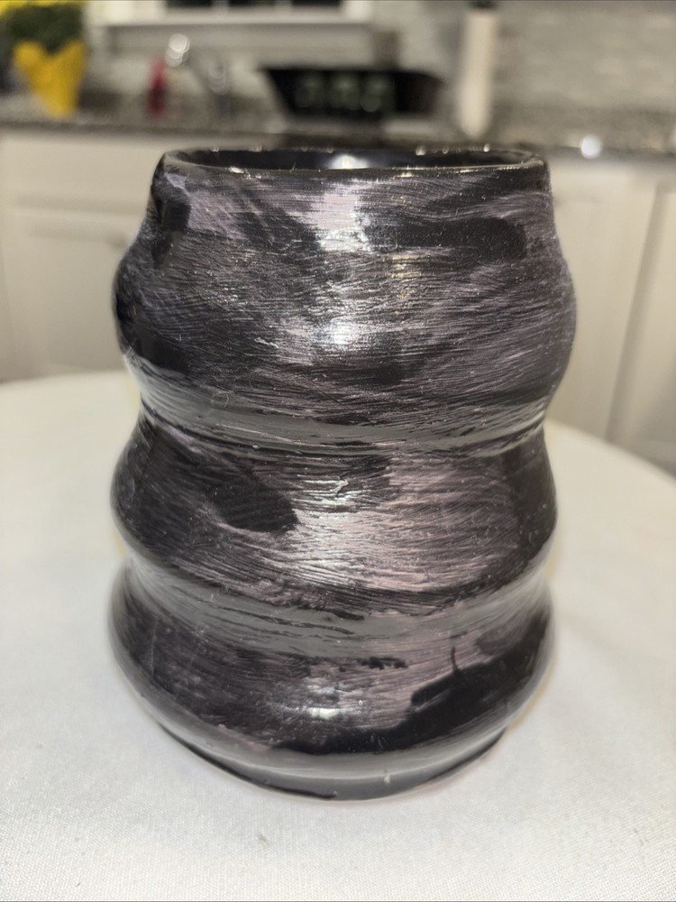 Black Metallic Glazed Handmade Pottery Vase Preowned