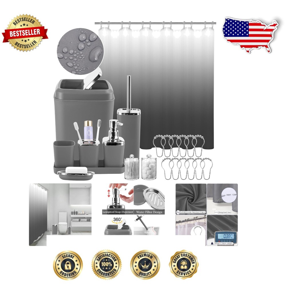 Elegant Grey Bathroom Set - Shower Curtain, Trash Can & Complete Accessories