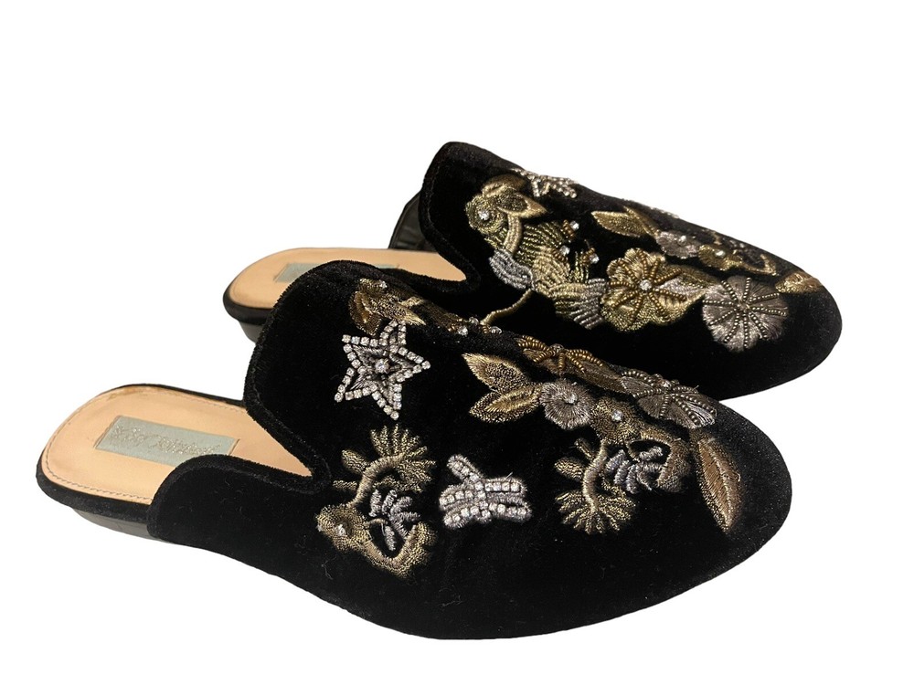 Betsey Johnson Eden Black Velvet Embroidered Rhinestone Studded Mules Women 7.5M