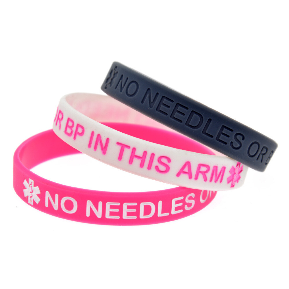 4 Pack Medical Alert No Needles or BP in This Arm Awareness Silicone Bracelets