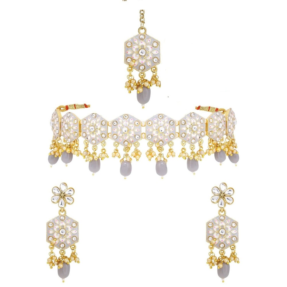Elegant Efulgenz Meenakari Choker Set with Crystal Kundan and Faux Pearls