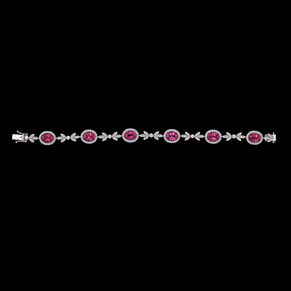 9ct Oval Simulated Pink Sapphire/Diamond Tennis Bracelet 14k White Gold Plated
